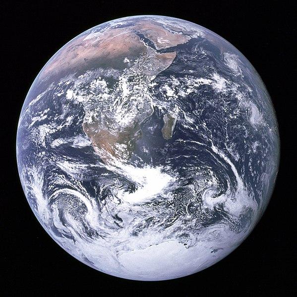 View of the Earth as seen by the Apollo 17 crew on December 7, 1972, traveling toward the moon.