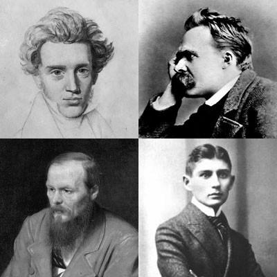 Góra od lewej Søren Kierkegaard, Friedrich Nietzsche, Fiodor Dostojewski i Franz Kafka