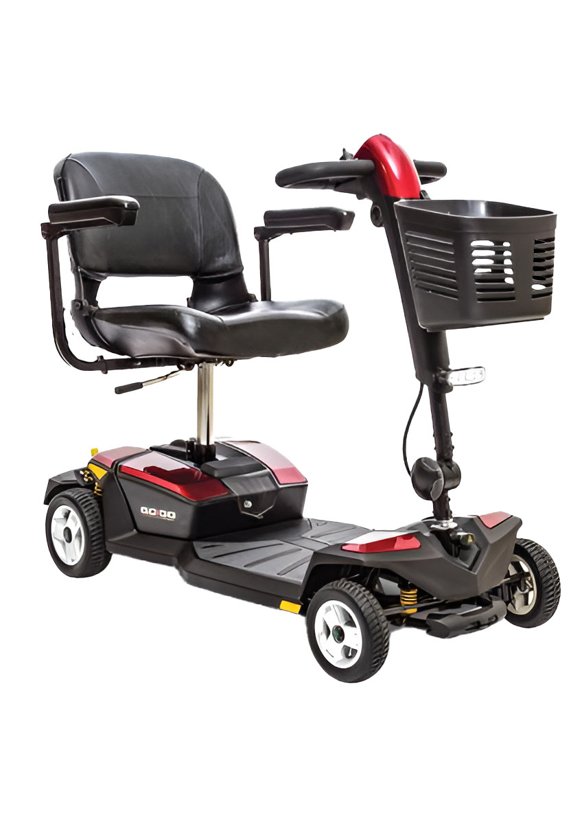 A black-red mobility scooter with a front basket, designed for comfort and ease of use. Ideal for everyday mobility and travel.