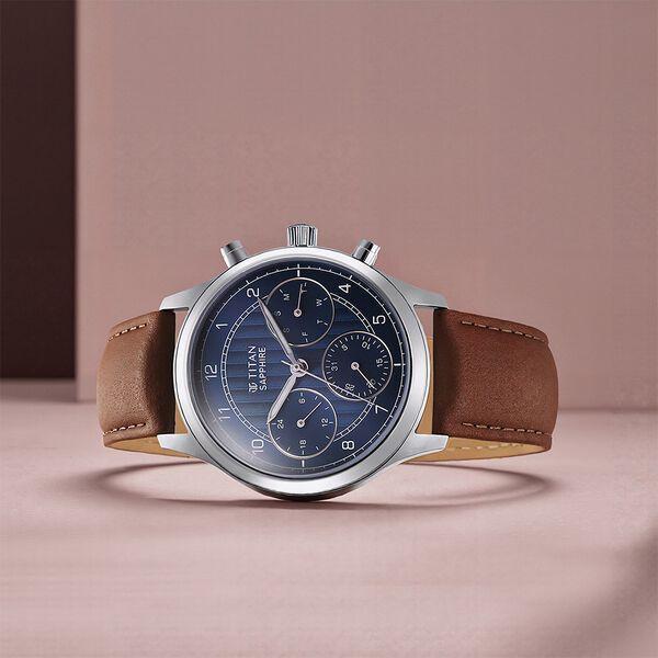 Buy Online Titan Sapphire Quartz Multifunction Blue Dial Leather Strap Watch for Men - nt1874sl06 | Titan