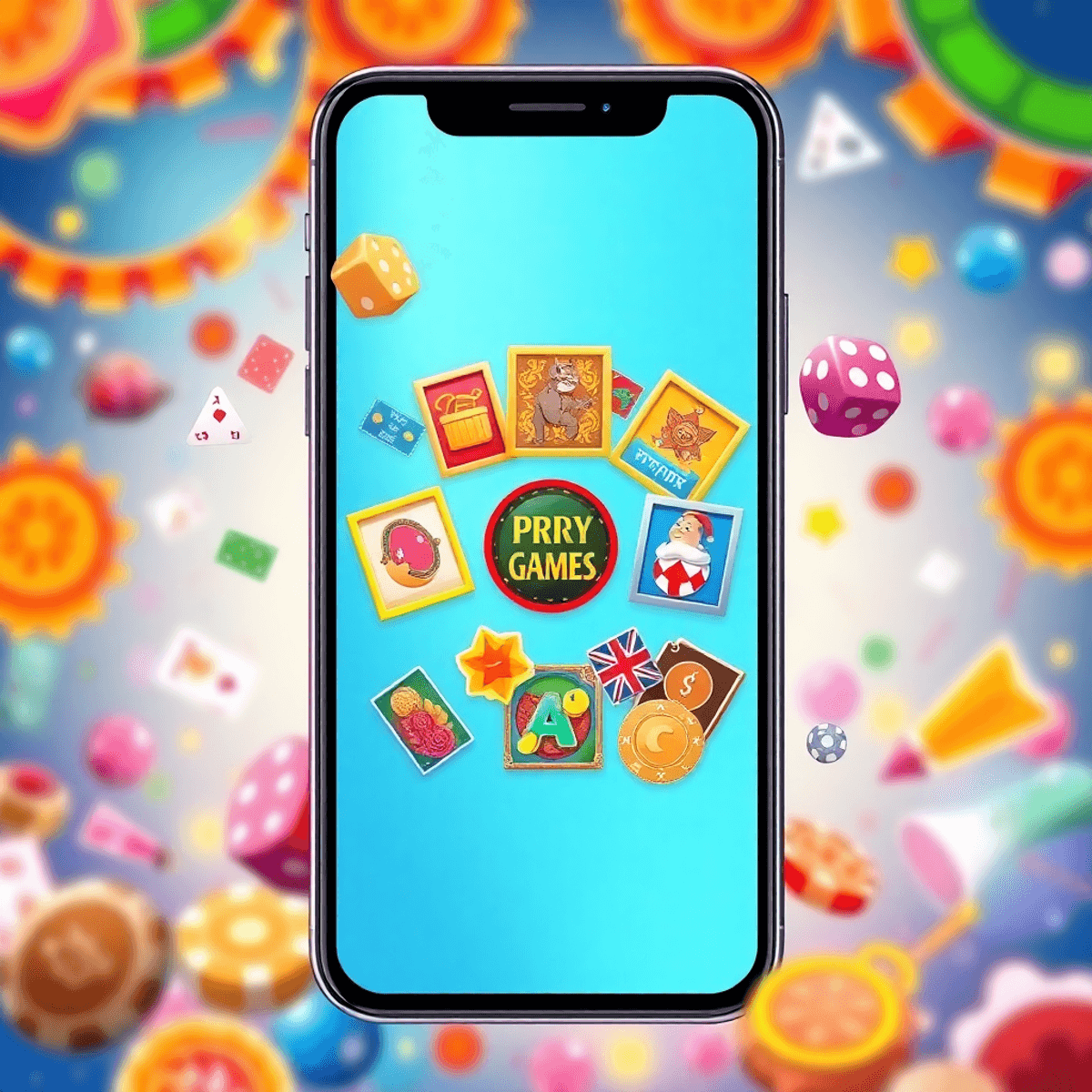 A digital illustration of a smartphone showing colorful online games with traditional motifs, dice, cards, and lottery tickets, set against a lively background.