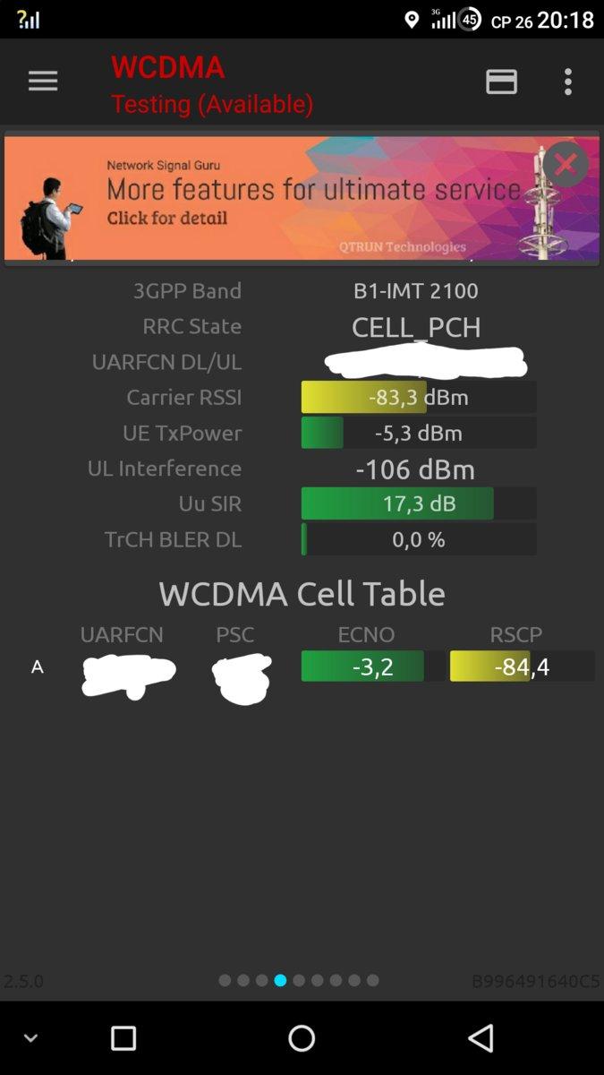 Экран с основной информацией о сети LTE и WCDMA