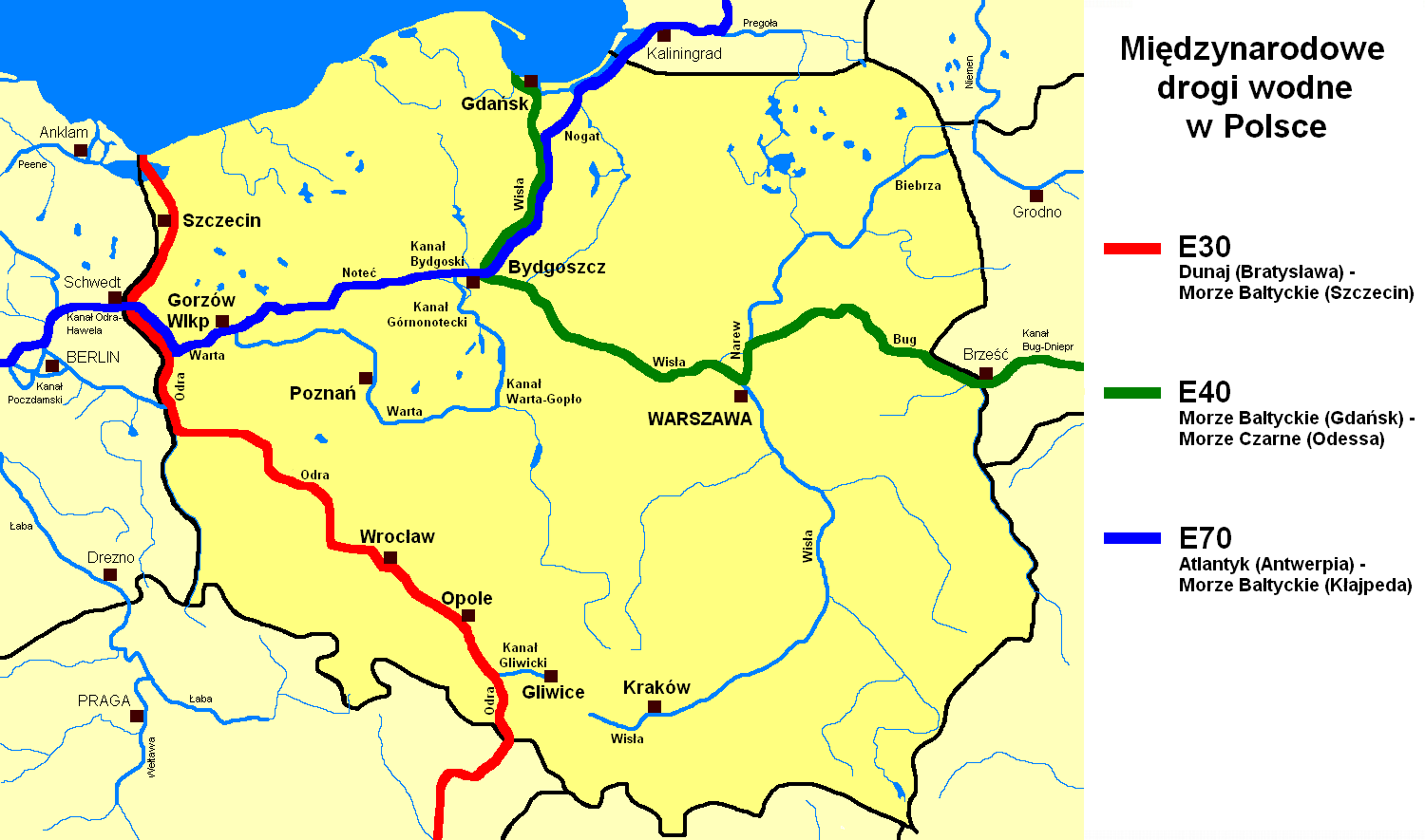 Mapa międzynarodowych dróg wodnych w Polsce
