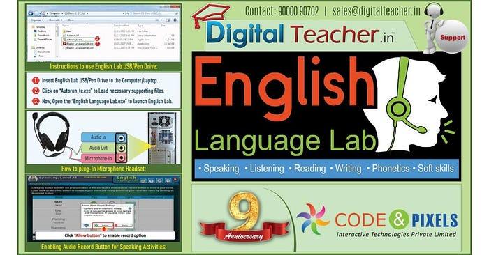 A digital English language lab is a specific type of digital language lab that is focused on improving English language learning and teaching.