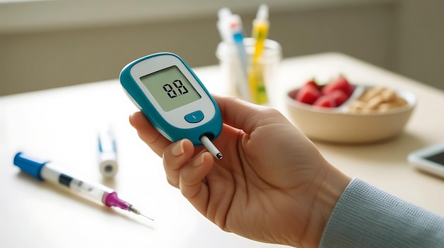 Checking diabetes with digital blood sugar meterHealthcare concept ...