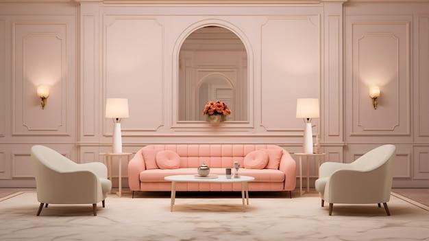 Interior design in neoclassical style with furnishings and decor