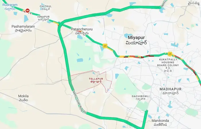 Location map of Prestige Golden Grove in Tellapur, West Hyderabad showing ORR connectivity