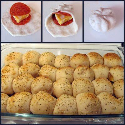 Photo: From our dear friends at Penny Auctions Canada :)  **PIZZA BALLS! 3 cans Pillsbury Buttermilk Biscuits (10 per can), 56 pepperoni slices, block of Colby cheese, 1 beaten egg, Parmesan, Italian seasoning, Garlic powder, 1 jar pizza sauce…Cut the block of cheese into 28 squares. Flatten a biscuit out and stack pepperoni and cheese on top. Gather up the edges of the biscuit. Line up the rolls in a greased 9x13 in. pan. Brush with beaten egg. Sprinkle with parmesan, Italian seasoning and garlic powder. Bake at 425°F for 18-20 minutes. **Use the pizza sauce for dipping :)