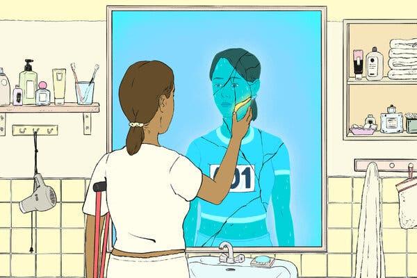 A woman is looking at herself in a bathroom mirror. One hand is using a crutch; her other hand is touching the mirror, putting a broken reflection of herself back together. She is wearing sports clothes.