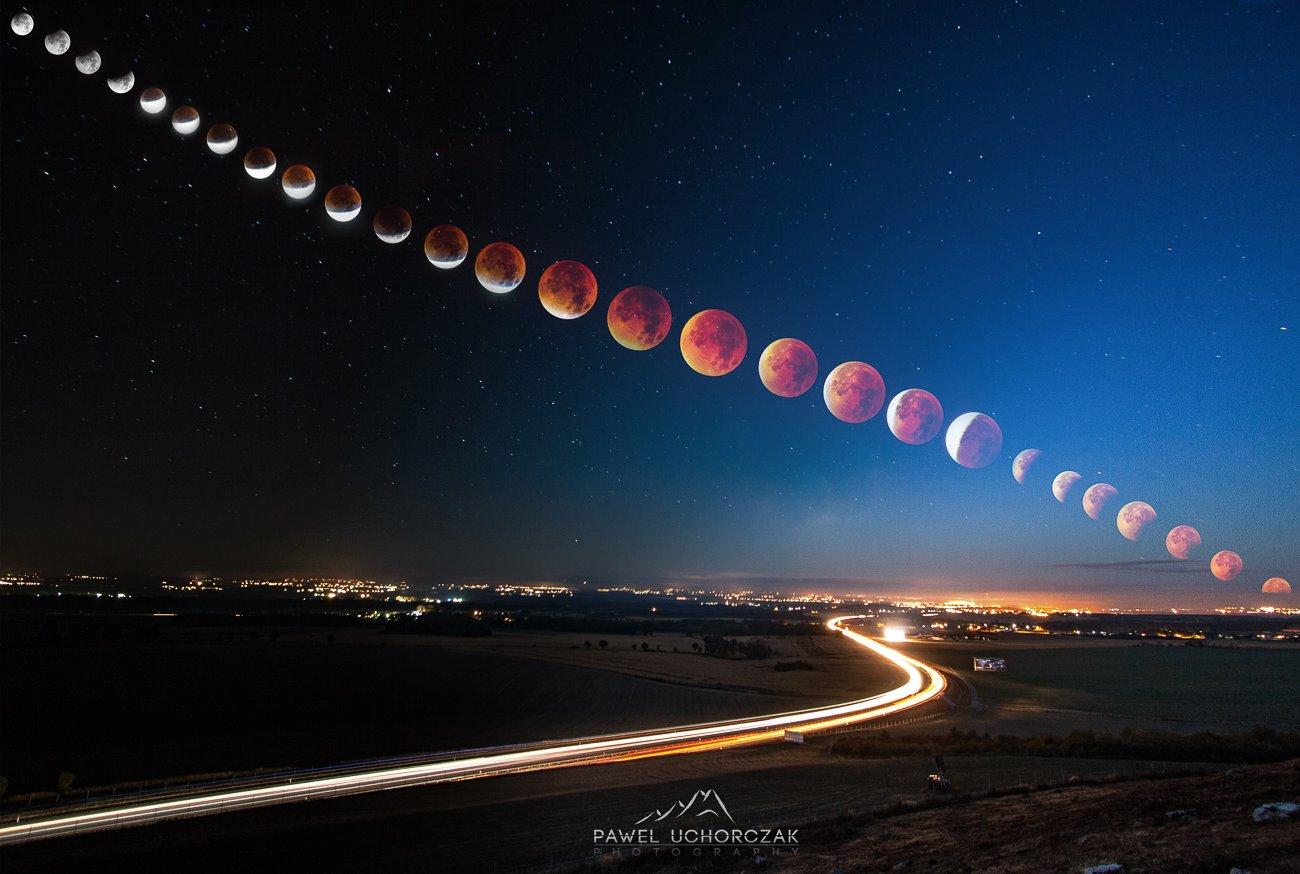 Wow! Fotografia kompozytowa Pawła Uchorczaka: Zaćmienie księżyca 2015 - Cała droga, Góra św. Anny k/ Opola