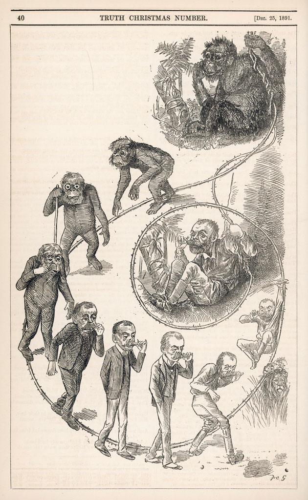 Satyryczny rysunek z czasów wiktoriańskich przedstawiający fazy rozwoju człowieka jako gatunku. BE&W/„Truth Christmas, grudzień 1891, s. 40