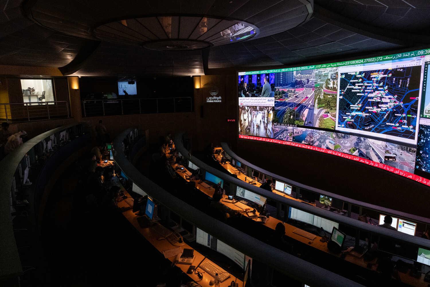 On a giant screen, police officers can view live feeds from cameras and the locations of all emergency vehicles.