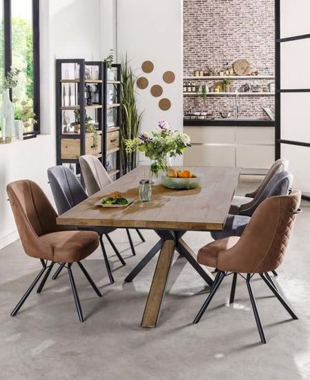Kang Eight-seater dining table in Acacia wood with a metal base.