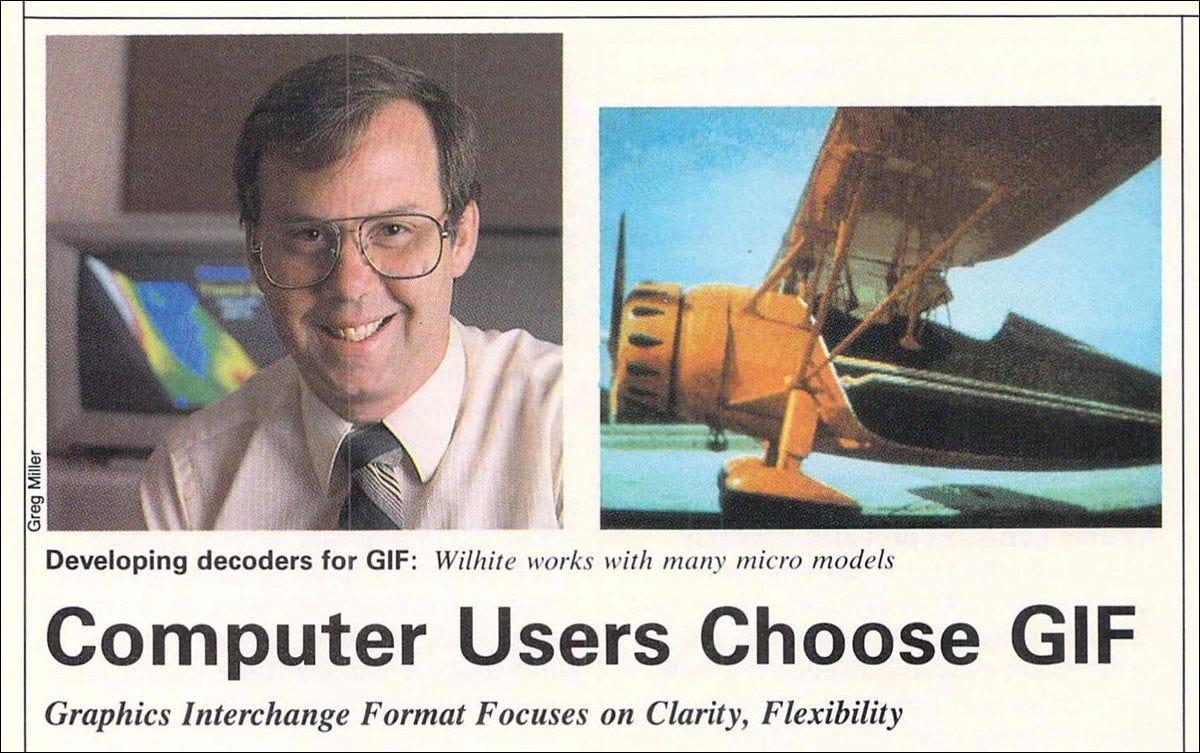 A scan of an old computer magazine, showing Stephen Wilhite and the first GIF image.
