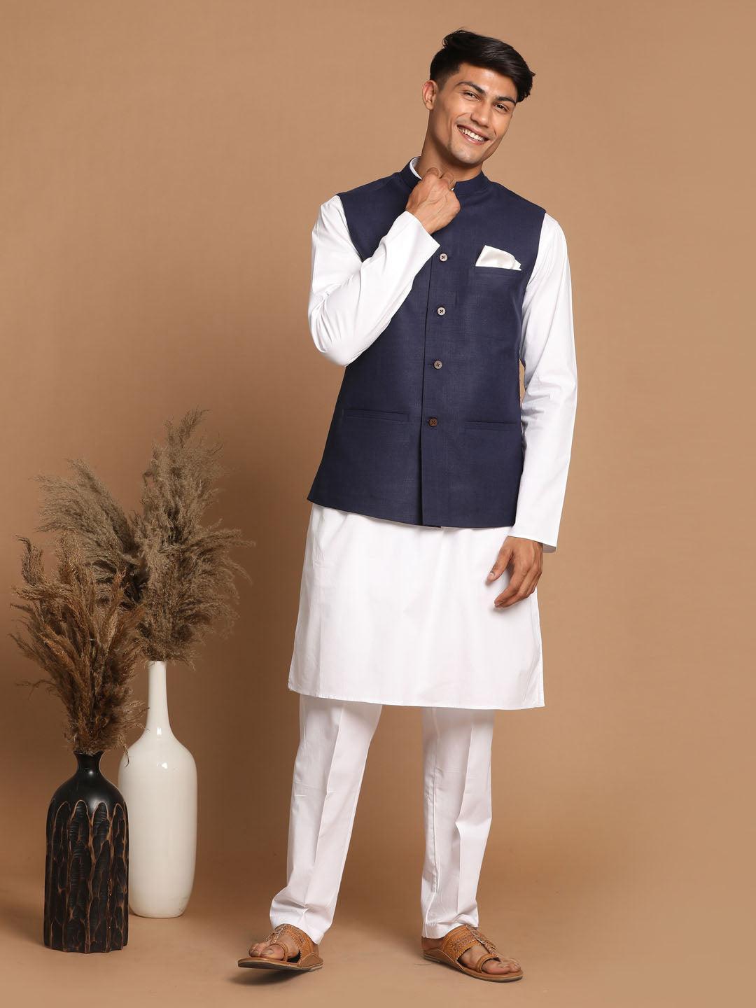 Men's Nehru Jacket & Kurta Set in Navy Blue | VASTRAMAY – vastramay