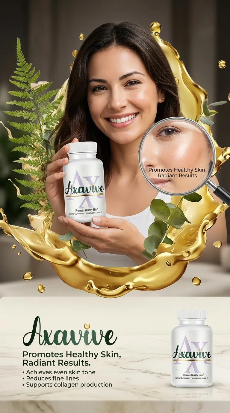 Axavive anti-aging skincare supplement promoting healthy skin and radiant results, featuring a woman with glowing skin, golden liquid splash, and botanical accents for US wellness consumers.