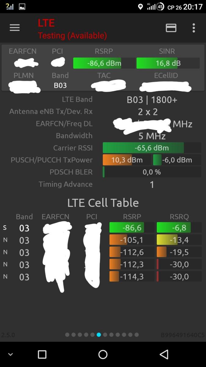 Экран с основной информацией о сети LTE и WCDMA