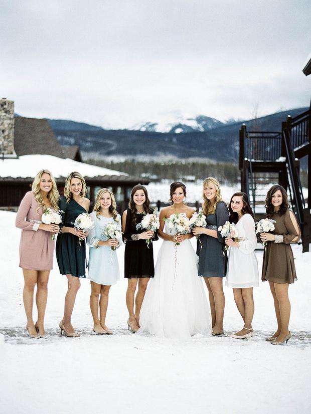 winter mismatched bridesmaid dresses in dark colors