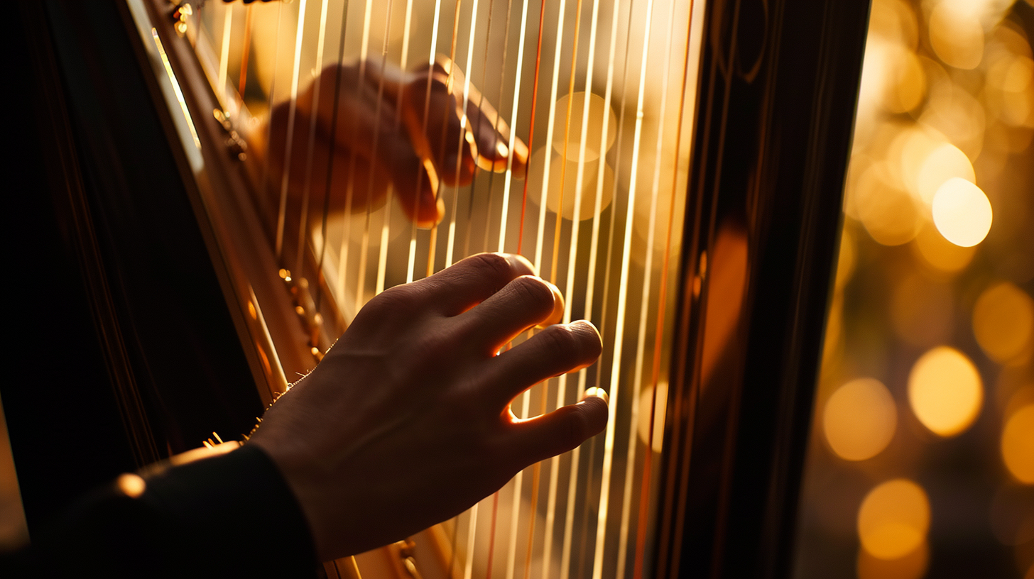 Close-up of a musician's hands playing the harp at K&M Music School with golden sunlight casting a warm glow on the strings, creating a serene and artistic atmosphere.