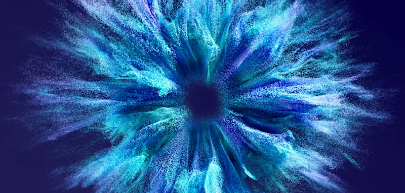 Colorful particles exploding from the center, creating a vibrant and dynamic visual effect, perfect for representing concepts related to innovation, technology, and the future