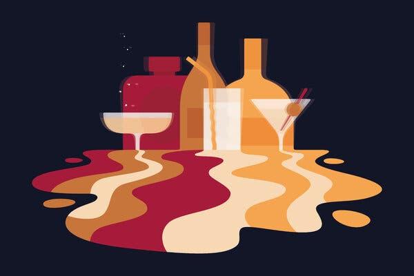 An illustration of a collection of alcohol bottles and drinks in a coupe glass, a high ball glass and a martini glass. The background is black and the bottles and glasses appear to be melting and slightly blurred, with streaks of burgundy and warm yellow and orange tones streaming into a puddle in the foreground.