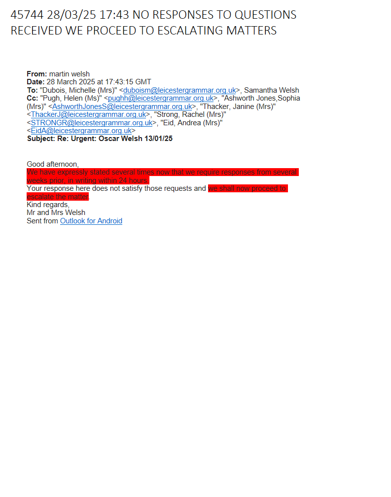 45744 28/03/25 17:43 NO RESPONSES TO QUESTIONS RECEIVED WE PROCEED TO ESCALATING MATTERS OF SAJs EVASION