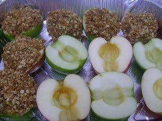 Photo: Baked Apples with Oatmeal Streusel Topping :)  1. Slice 3-4 apples in half with a large knife, then scoop out the seeds and stem parts with a melon baller.  2. Mix together: a little over half stick/quarter cup melted butter or margarine or fat of your choice (I've used part olive oil or coconut oil.) 1/2 cup oats 1/2 cup flour (I used whole wheat) or gluten-free 'flour' of your choice 1/2 cup brown sugar (or white sugar with date syrup or molasses or agave syrup) 1 tsp cinnamon pinch of ground ginger pinch of salt  3. Fill and top apple halves with the mixture.  4. Bake at 350 F/180 C until tops are golden brown and apples swell, about 30 minutes.  ~Frisky