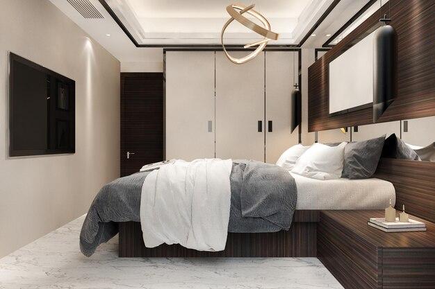 3d rendering luxury modern bedroom suite in hotel with tv and cabinet