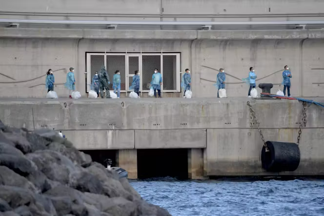 Des passagers du « Hondius », masqués et vêtus de combinaison en plastique, attendent, sur le port de Granadilla de Abona, à Tenerife (Espagne), le 11 mai 2026.