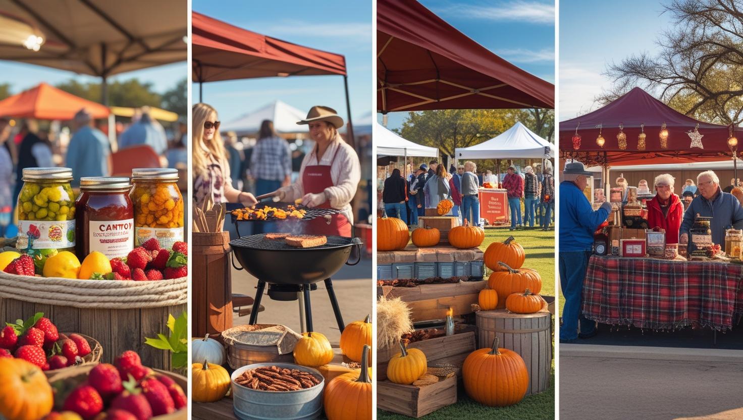 A collage-style image featuring four distinct scenes representing each season at Canton TX Trade Days: spring with colorful fresh fruits and jars of homemade jam; summer with sizzling BBQ grills and lemonade stands; autumn with pumpkins, pecan pies, and warm spices; winter with cozy market stalls decorated for the holidays offering spiced nuts and hot beverages. The background shows happy shoppers wrapped in seasonal attire, vibrant market tents, and clear blue Texas skies, capturing the warmth and community spirit of the market year-round.