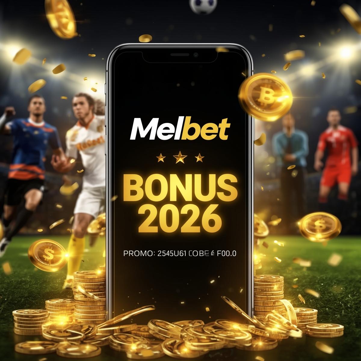 A dynamic banner showing a smartphone screen with the Melbet logo, golden promo code text “BONUS 2026”, glowing coins and confetti around, sports icons like football and tennis in background, bright yellow and black theme, modern style, high resolution, professional sportsbook design