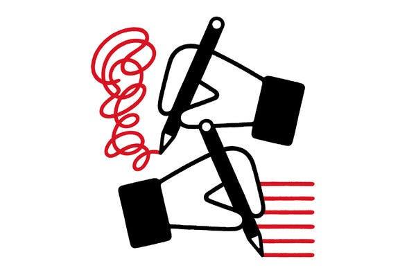 An illustration of two hands drawing with black pencils. One hand is drawing squiggly red lines, while the other hand is drawing straight red lines.