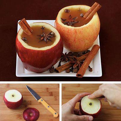 Photo: Apple cider cups: ~Frisky  For cider lovers, we propose you an original way to have it into an apple.You will need:  Large apples Lemon juice Apple cider Optional: cinnamon, star anise or cloves.   Cut the top of the apple and around the outline with a knife. Empty it with a spoon and sprinkle with the juice inside to prevent rust.  To finish, fill up with your apple cider and optionally you can add cinnamon, cloves or star anise spices to enhance flavor. Delicious!