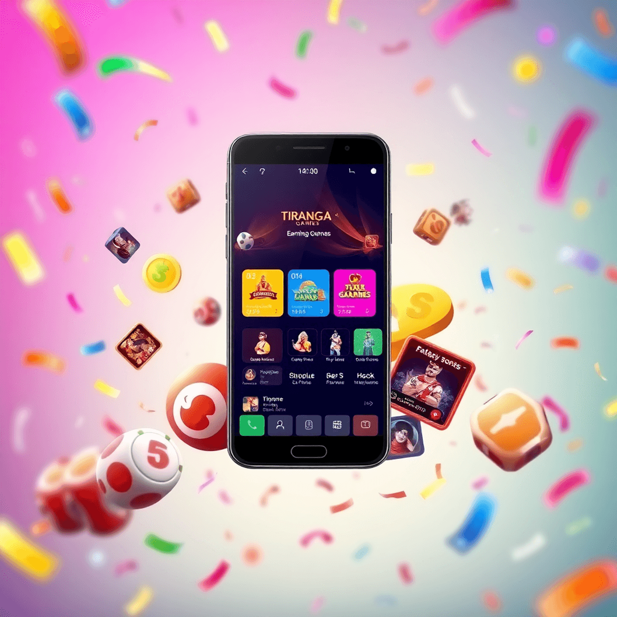 A smartphone displaying the Tiranga Games app with colorful game icons, surrounded by confetti and festive decorations, conveying excitement and fun in online gaming.