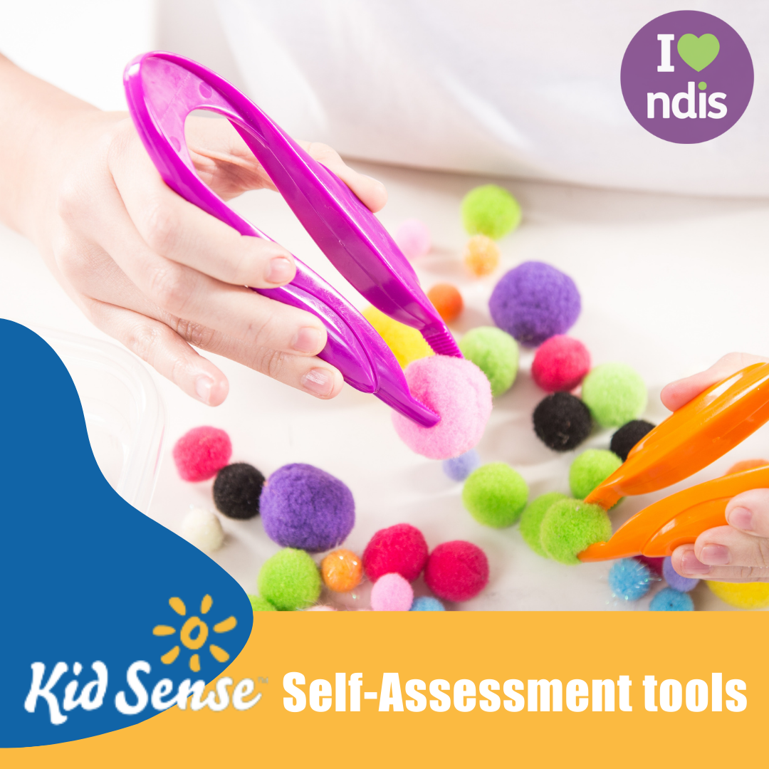 Self-assessment tools alongside the Kid Sense logo, symbolizing support in functional capacity assessments, therapy, and NDIS services.