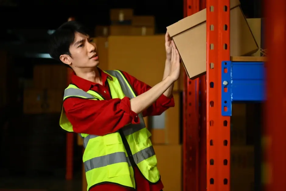 A worker placing a box on an industrial racking