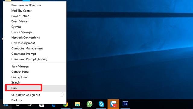 Mở hộp thoại Run bằng cách bấm chuột phải vào biểu tượng Windows