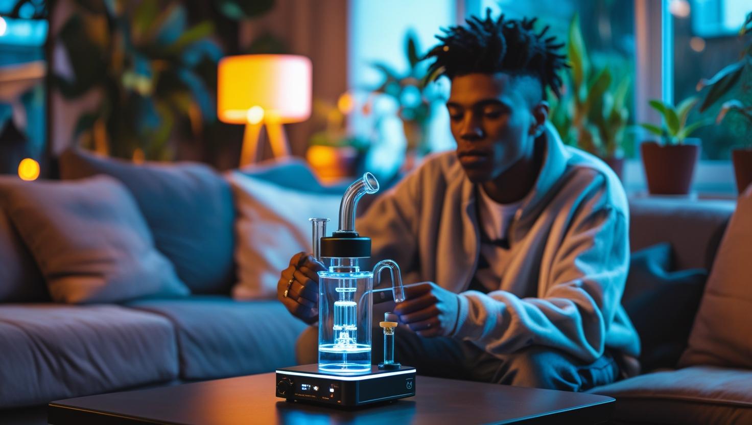 A stylish young person sitting in a cozy living room, using a sleek electric dab rig on a coffee table. Warm ambient lighting, plants in the background, and a relaxed vibe. The scene should capture a modern lifestyle aesthetic, focusing on relaxation and enjoyment.