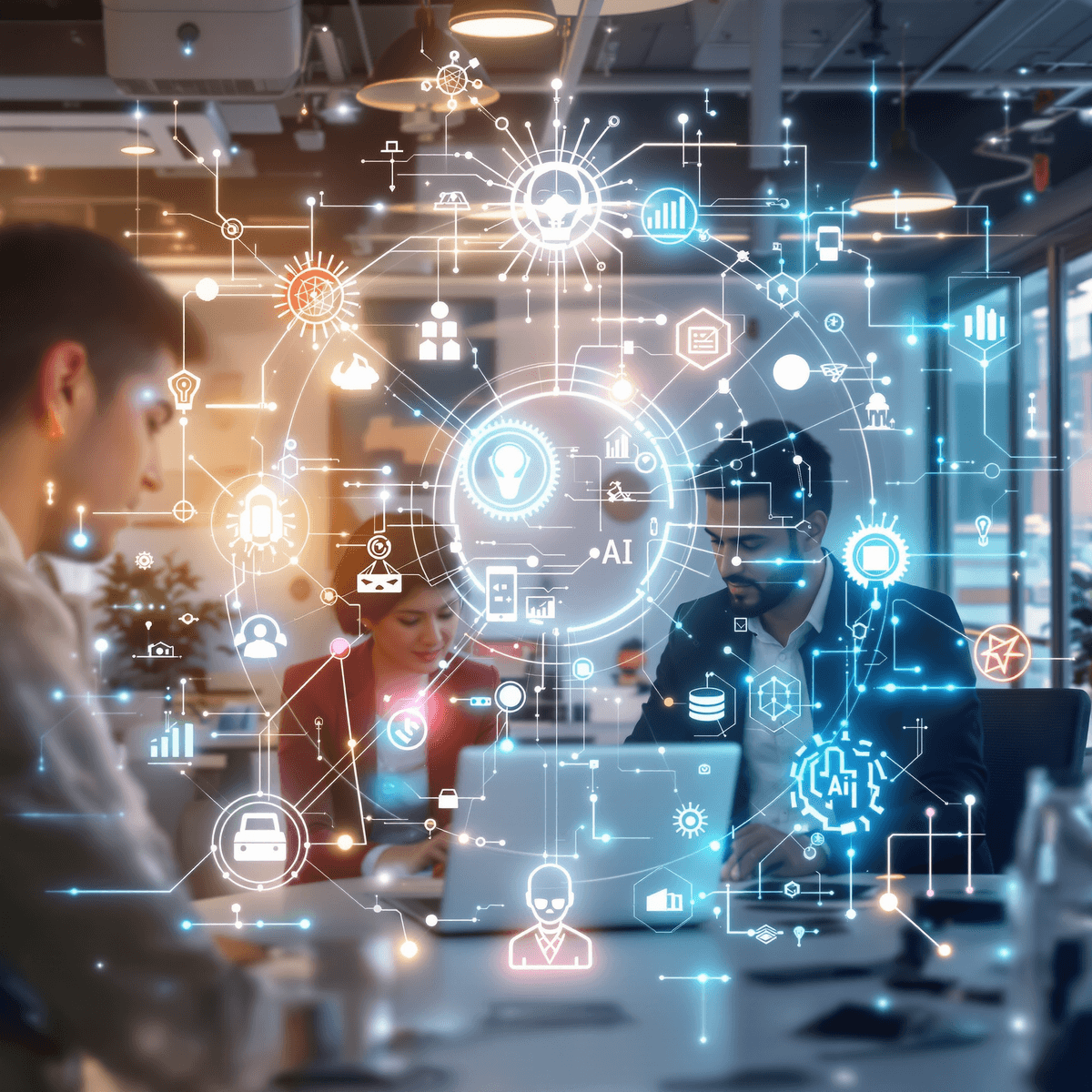 A bright modern workspace with professionals collaborating around a laptop, surrounded by glowing AI-themed icons of neural networks and data nodes.