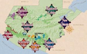 mapa gwatemali pokazująca rejony produkcji kawy gourmet w tym kraju