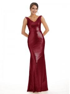 Burgundy Sexy Sequin V-Neck Sleeveless Floor-Length Mermaid Bridesmaid Dresses