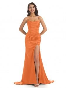 Orange Mermaid Soft Satin Spaghetti Straps Side Slit Bridesmaid Dresses