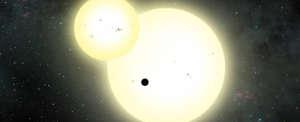 Artist's impression of an exoplanet orbiting a binary star.