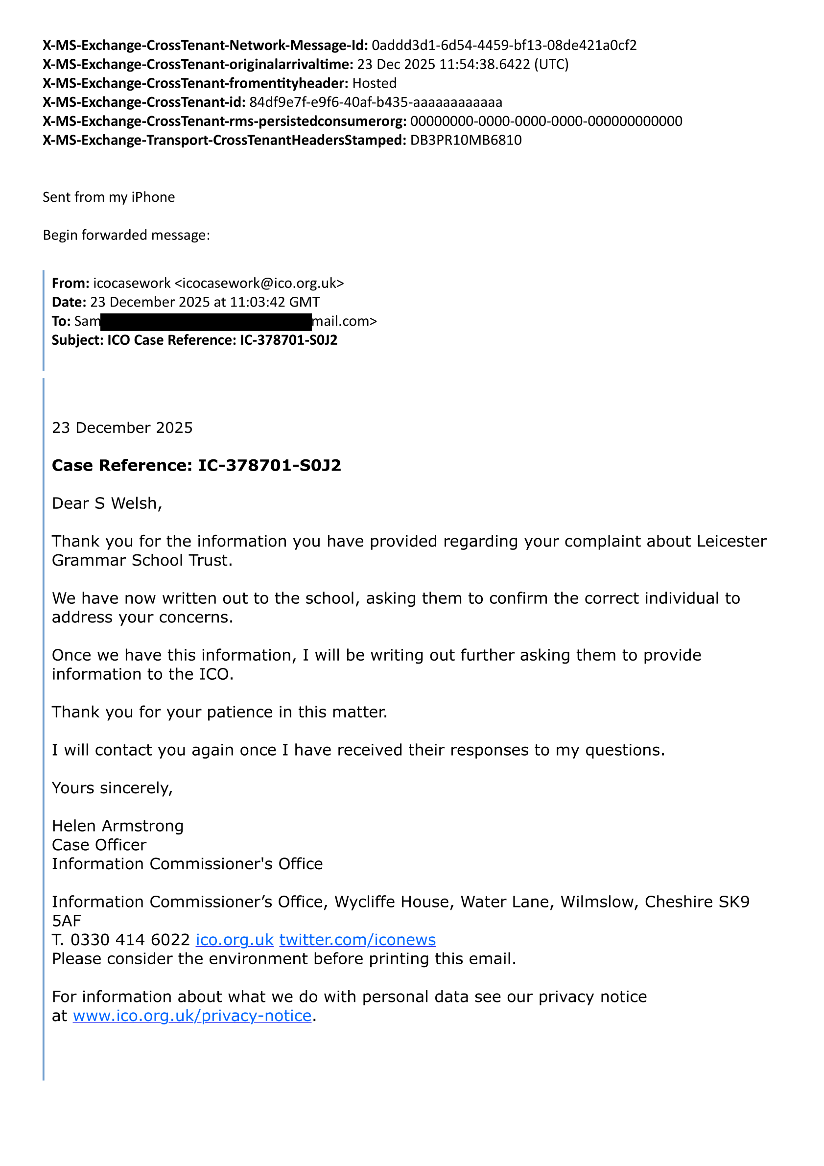 46013 23dec25 ICOs Helen Armstrong updating on position re LGJS