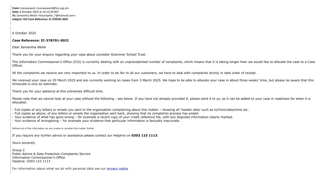 45945 06-10-25 from ICO advising Ref No Assigned & Next Steps