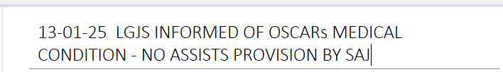 45670 13-01-25 LGJS INFORMED OF OSCARs MEDICAL CONDITION - NO ASSISTS PROVISION BY SAJ