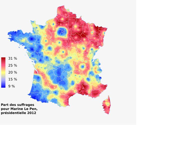 Carte de la part des suffrages pour Marine Le Pen en 2012
