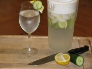 Photo: Cucumber Lemon Water- 0 calories ~Frisky  Have a few too many cocktails last weekend? Feeling a little bloated or uncomfortable in your clothes? Try this immunity boosting, anti-inflammatory drink that will fill you up, flush your system and make you feel better in no time. Make a big pitcher of this, run yourself a hot bath and relax you will be feeling better in no time.  Makes a Pitcher-  1/2 Lemon thinly sliced  1/4 Cucumber thinly sliced- save 2 slices to place on your eyes  Ice  Water  In a large pitcher add the lemon and cucumber, then the ice and then water. Let sit in the fridge for a few minutes before serving. Pour into a large wine glass, put your feet up and relax. Once the water is down to only 1/4 full refill with water. You can do this several times, keep in the fridge.  The cucumber acts as an anti-inflammatory and the lemons boost immunity. ~Frisky