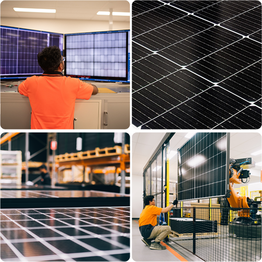Technician analyzing solar panel performance on monitors, close-up views of solar panel designs, and assembly activities in a modern facility, showcasing processes used by solar wholesalers like Tindo Solar.