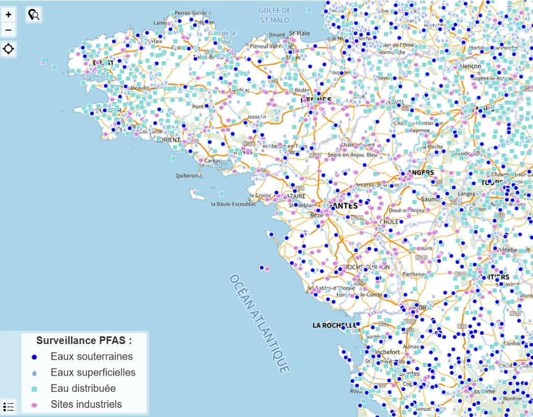 Carte des données nationales de vigilance des PFAS.